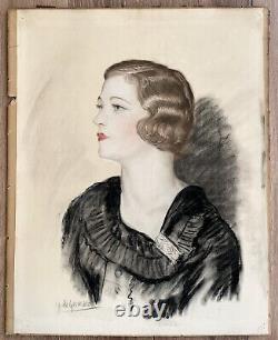 Dessin Ancien Pastel Art Déco Gaetano De Gennaro Portrait Jolie Femme Mode 1930