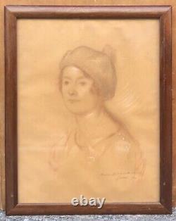 Dessin Art Déco Firmin BOUISSET (1859-1925) Portrait Femme Bonnet Cadre 1920