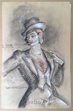 Dessin Art Déco Luc Olivier Lesieur Portrait Femme Cabaret Cigarette Chapeau
