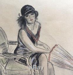 Dessin Art Déco Portrait Femme Ombrelle Chapeau Cloche William Ablett 1923