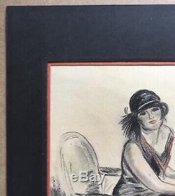 Dessin Art Déco Portrait Femme Ombrelle Chapeau Cloche William Ablett 1923