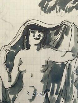 Dessin Lavis d'encre cahet d'atelier femme nue nu nudité Grèce Antique art deco