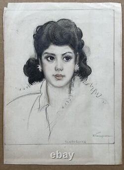 Dessin Original Ancien Portrait Art Déco Jolie Jeune Femme Brune Russe 1930s