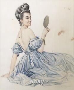 Dessin Original Aquarelle Art Déco Maurice Millière Portrait Femme Mode Miroir