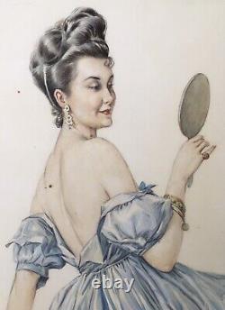 Dessin Original Aquarelle Art Déco Maurice Millière Portrait Femme Mode Miroir
