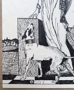 Dessin Original Art Déco Encre Portrait Femme Mode Néo Grec Ombrelle Chien 1920