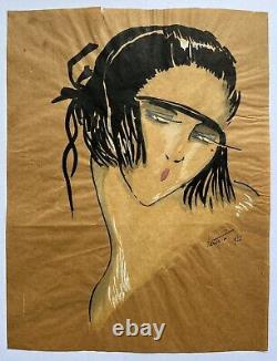 Dessin Original Art Déco Encre Portrait Stylisé Visage Femme Mode Signé 1920s