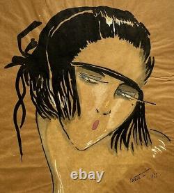 Dessin Original Art Déco Encre Portrait Stylisé Visage Femme Mode Signé 1920s