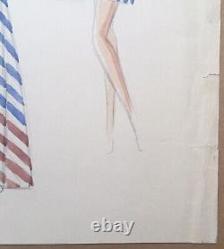 Dessin Original Art Déco José De Zamora Portrait Femme Mode Robe Bain de Mer 30s