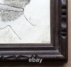 Dessin Original Art Déco Portrait Femme Mode Coiffure Bandeau Perles Signé Cadre