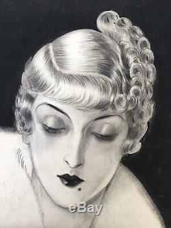 Dessin Original Portrait Femme Coiffure Luc Lafnet Claude Art Déco 1930s Belge