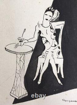 Dessin Original Portrait Femme Élégante Cocktail Art Déco Années Folles 1928