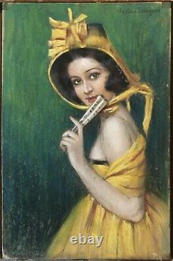 Dessin Pastel Art Déco Gustave Brisgand Portrait Femme Robe Jaune Eventail 1910s