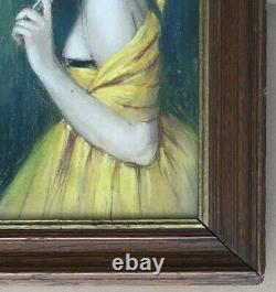 Dessin Pastel Art Déco Gustave Brisgand Portrait Femme Robe Jaune Eventail 1910s