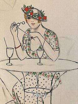 Dessin Peinture Encre Art Deco 1945 Sur Papier Femme Collection Lily Greenham