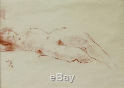 Dessin de sculpteur jeune femme nue allongée sanguine tableau art déco modèle