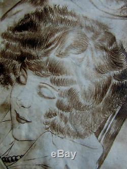Dessin-encre De Chine-art Deco 1920-r. Labarthe-jeune Femme-illustrateur-chien