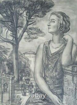 Dessin fusain original ALBERT DECARIS (1901-1988) Profil femme Art Deco