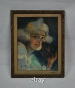 Dessin portrait femme original pastel art déco 1930 signé Fortuney carnaval