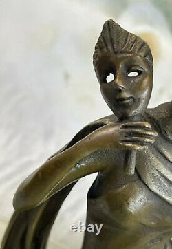 Élégant Femme'Holding' Masque Bronze Sculpture Marbre Base Statue Art Déco