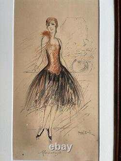 Estampe signée mode Art Déco Marcel Bloch jeune femme années 1930 beau cadre