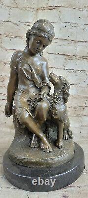 Fabuleux Bronze Statue Sculpture Fille Femme Dame Chien Figurine Art Déco Oeuvre