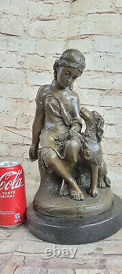 Fabuleux Bronze Statue Sculpture Fille Femme Dame Chien Figurine Art Déco Oeuvre