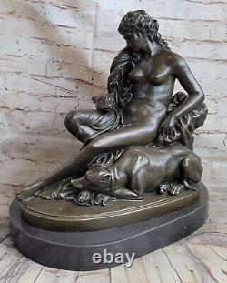 Fabuleux Bronze Statue Sculpture Nu Femme Dame Chien Figurine Art Déco Intérieur