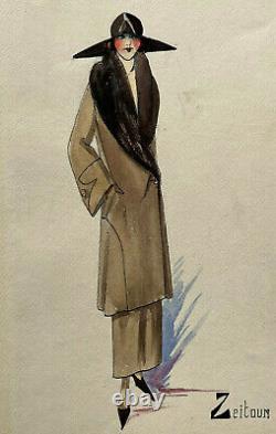 Femme Manteau DESSIN ORIGINAL Aquarelle ZEITOUN Mode ART DECO Haute Couture XX°