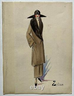 Femme Manteau DESSIN ORIGINAL Aquarelle ZEITOUN Mode ART DECO Haute Couture XX°