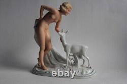 Femme nue Faon porcelaine Schaubach Kunst Allemagne Art déco (62929)