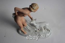 Femme nue Faon porcelaine Schaubach Kunst Allemagne Art déco (62929)