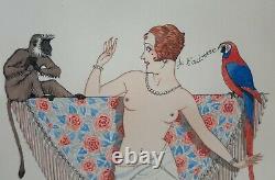 Fernand COUDERC ART DECO gouache Une Femme Aimée seins nus phonographe singe