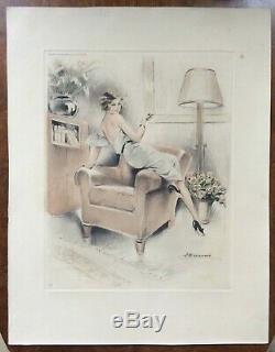 GRAVURE ART DECO signée MEUNIER FEMME élégante 1934 BY CAMILLE LUCAS
