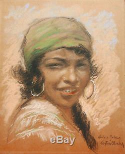 Gaston BLONDEAU dessin pastel portrait gitane jeune femme fille tzigane tableau