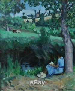 Georges BRESSE XXè, femme lisant dans un paysage