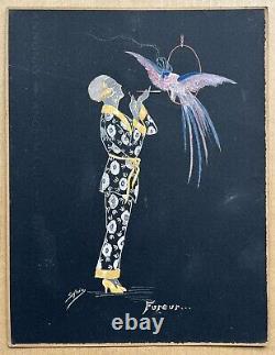 Gouache Ancienne Art Déco Sylvio Portrait Femme Mode Cigarette Oiseau de Paradis