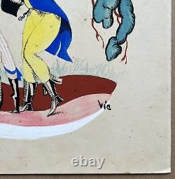 Gouache Originale Art Déco VIC Scène Galante Humour Femme Sensuelle Hommes Vélo