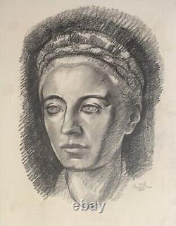 Grand Dessin Pierre Noire Portrait De Femme Art Deco 1944 Signee (62)