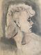Grand Dessin Portrait Femme Profil Crayon Sanguine Peinture 1936 Art Déco