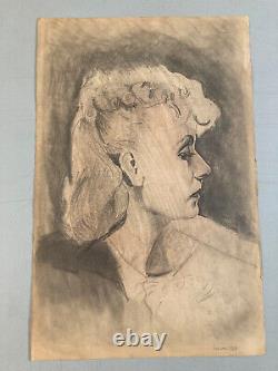 Grand Dessin Portrait Femme Profil Crayon Sanguine Peinture 1936 Art Déco