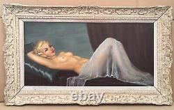 Grand Tableau Huile Portrait Erotique Femme Sensuelle Nue Cadre Montparnasse