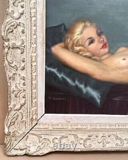 Grand Tableau Huile Portrait Erotique Femme Sensuelle Nue Cadre Montparnasse