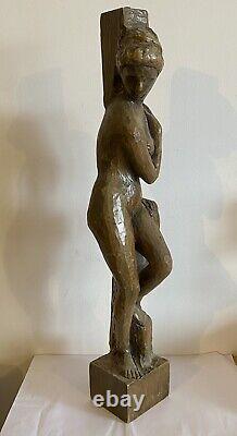 Grande Sculpture Art Déco bois femme pied de lampe moderniste cubiste statue