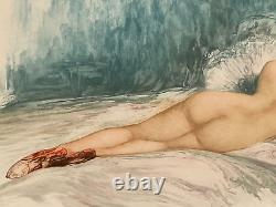 Grande gravure curiosa signé nu féminin allongé jeune femme chaussures rouges