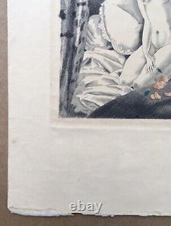 Gravure Ancienne Art Déco Charles Martin Erotica Portrait Jeune Femme Nue Lit