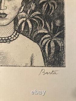 Gravure Art Déco Femme Décor Floral Plante Fleur Laszlo Barta Portrait 1950