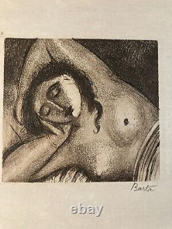 Gravure Art Déco Femme Laszlo Barta Portrait Érotique Nu Nue Eau Forte 1940 Lit