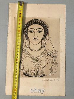 Gravure Art Déco Laszlo Barta Portrait Femme A La Colombe Oiseau Eau Forte Buste