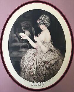 Gravure Art Déco Maurice Millière Portrait Femme Mode Robe Fleur Miroir Toilette